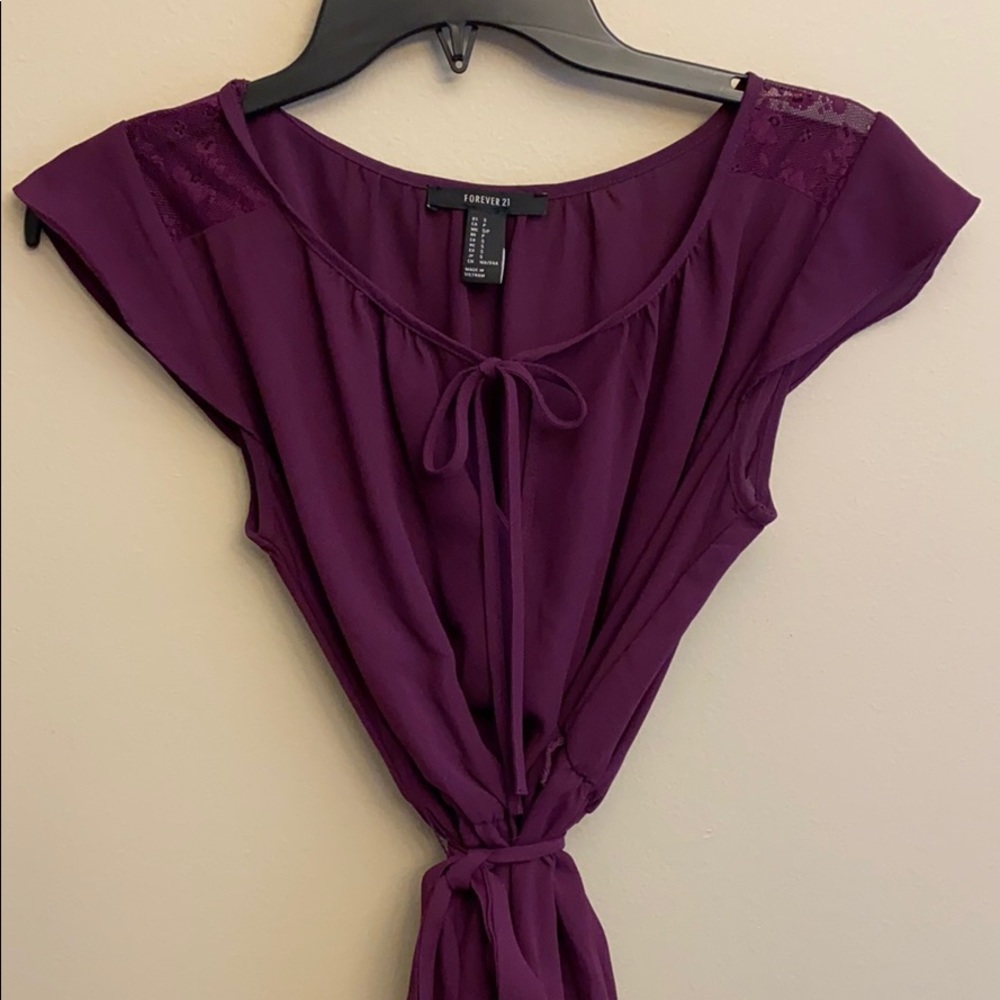 Purple short sleeve dress with lace detail